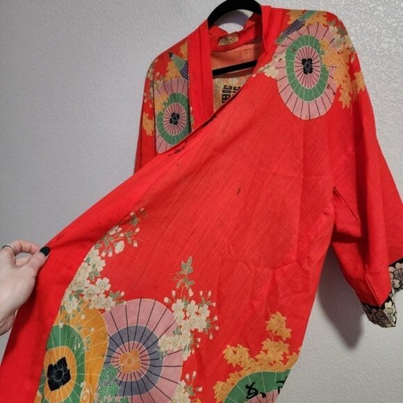 ANTIQUE 1930's‎ Japanese Kimono Yuzen Zome floral Wagasa print in red 30's - Picture 16 of 16